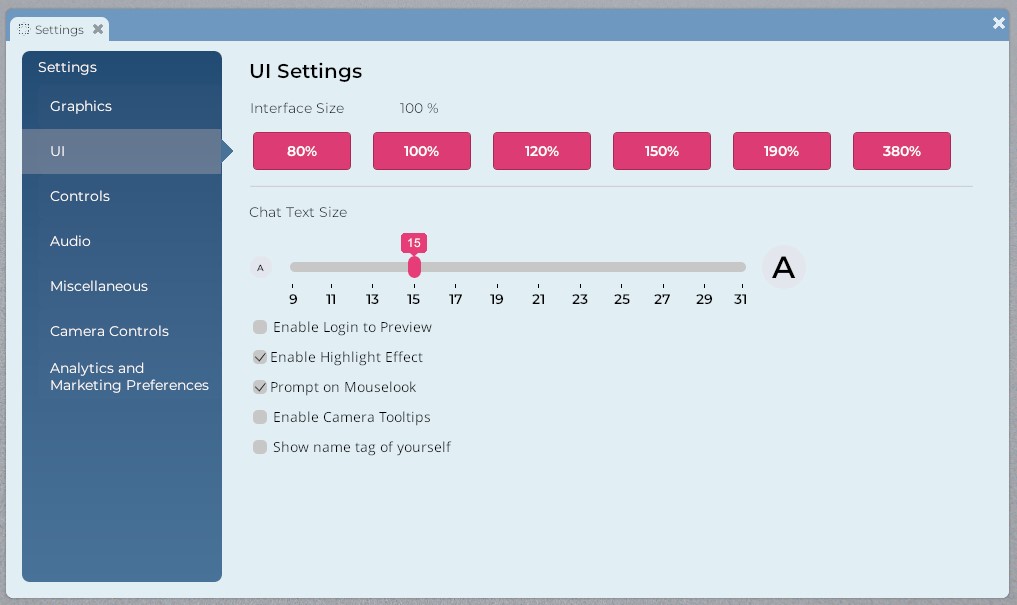 L'onglet UI de la fenêtre des Paramètres, qui contient diverses options pour modifier l'affichage de l'interface utilisateur. Cinq grands boutons roses le long du haut contrôlent l'échelle de l'interface utilisateur, avec 80 % à l'extrême gauche et 190 % à l'extrême droite. L'interface utilisateur de cet onglet est décrite ci-dessous.